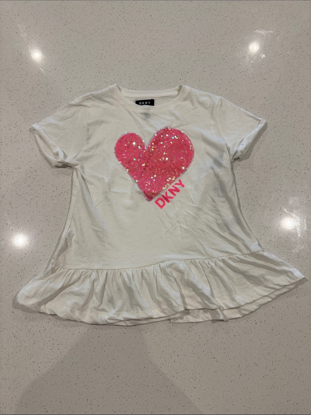DKNY White Girls Short Sleeve Tee with Pink Sequin Heart